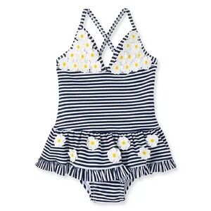 Little Me Navy and White Gingham Swimsuit with Daisy Details